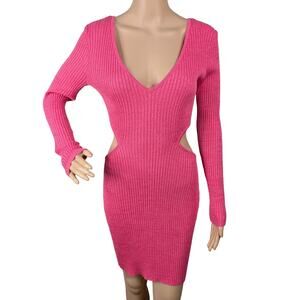 NWT Open Edit Sparkle Ribbed Cutout Mini Dress S | Pink Metallic Bodycon
